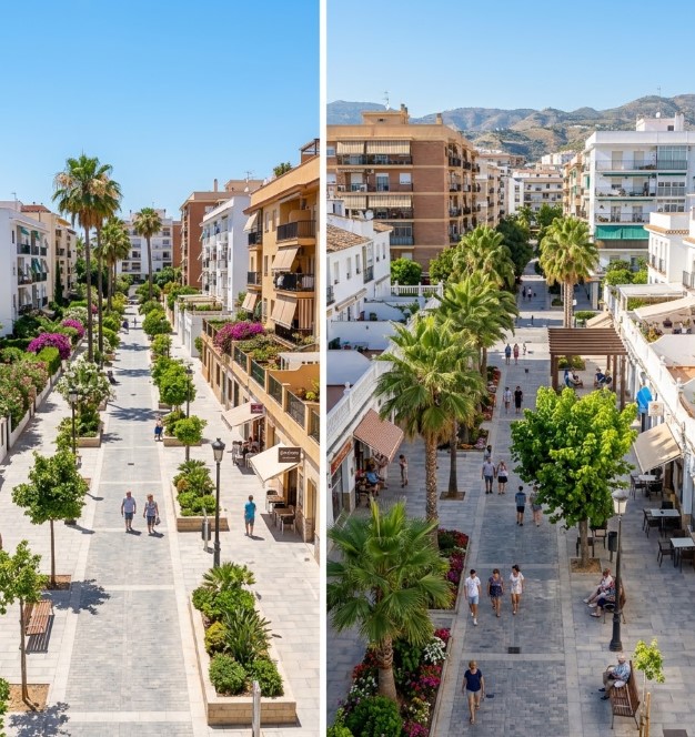 Vistas de las avenidas, zonas verdes y edificios residenciales de Miraflores en Málaga
